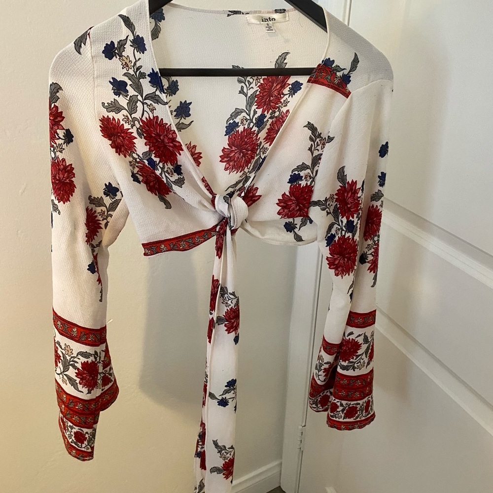 Into Boho Knot Hem Bell Sleeve Wrap Crop Top